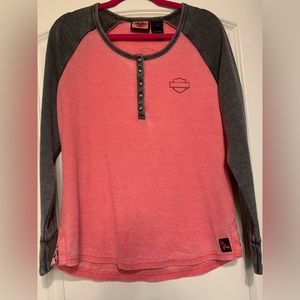 Harley Davidson pink and gray, waffle fabric Henley.